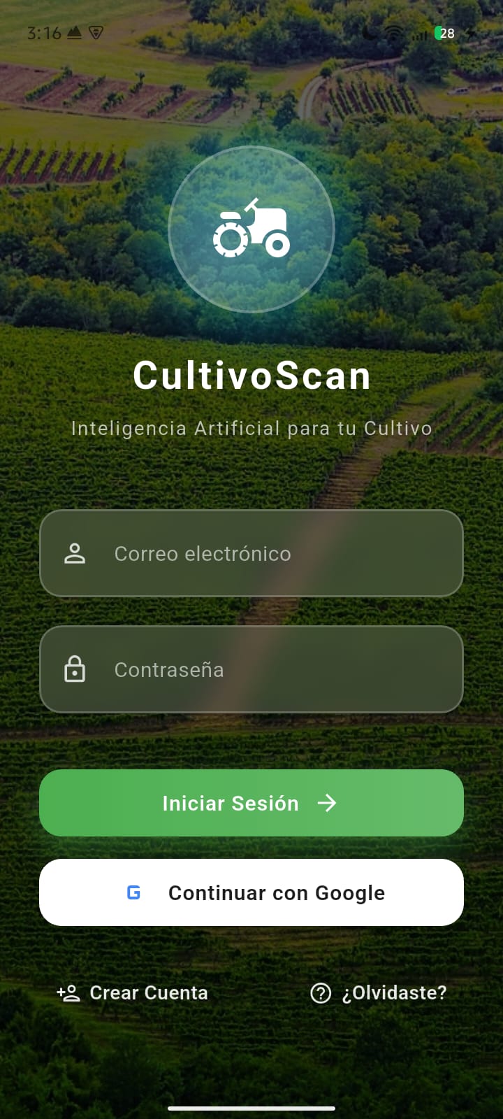 Pantalla de acceso de la aplicación CultivoScan